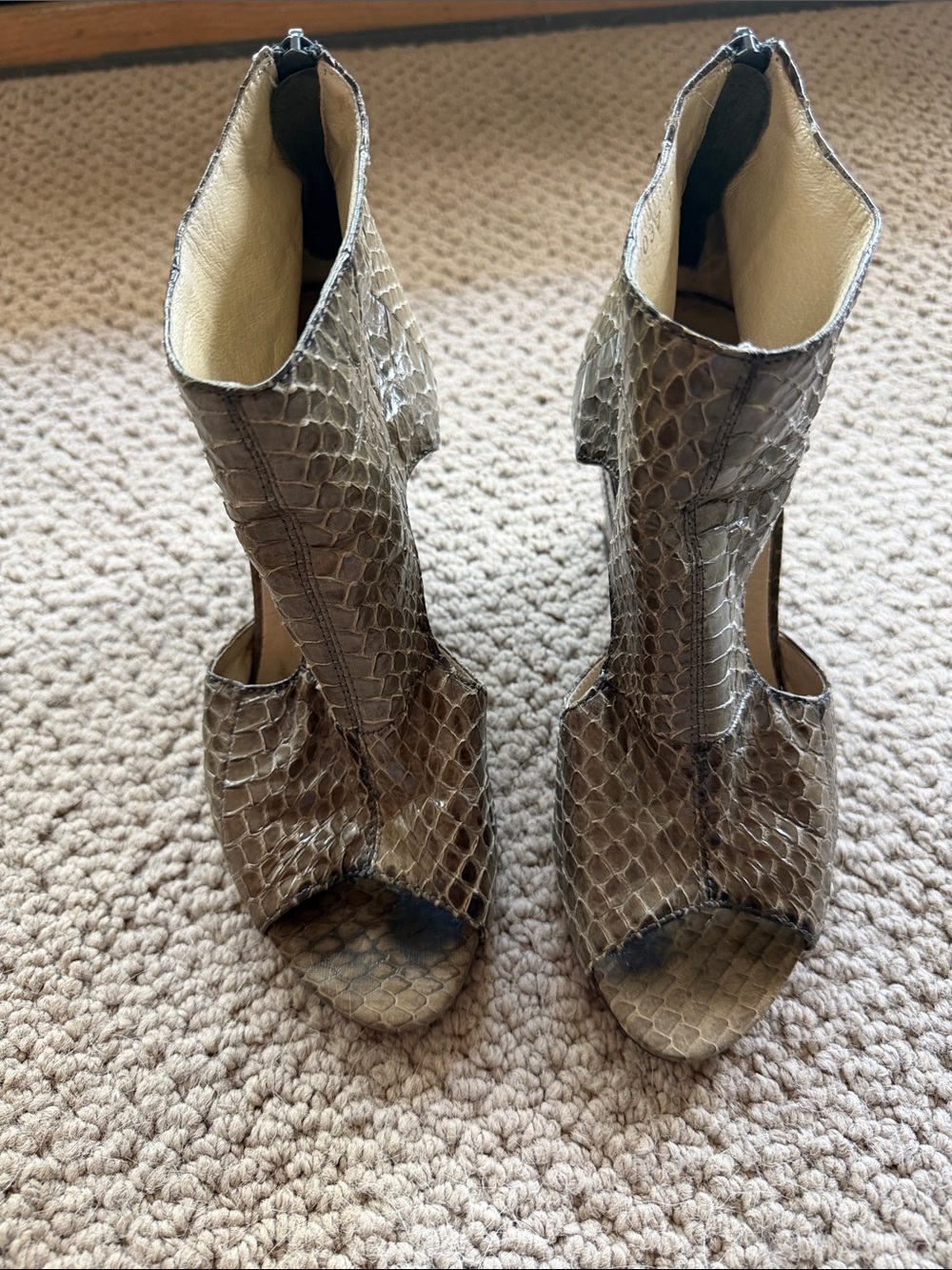 Taupe Snake-Embossed Peep-Toe Heels with Back Zip